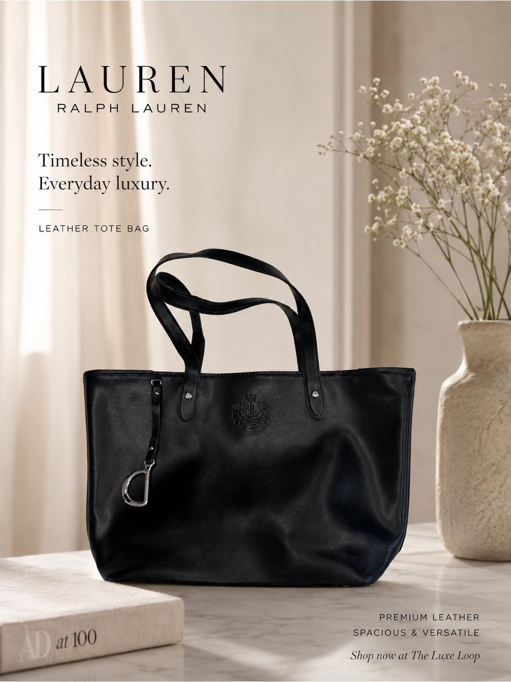 Lauren Ralph Lauren Black Leather Tote with Crest